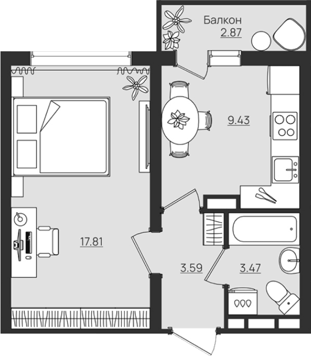 Планировка 1-комнатной квартиры 35.16 м²